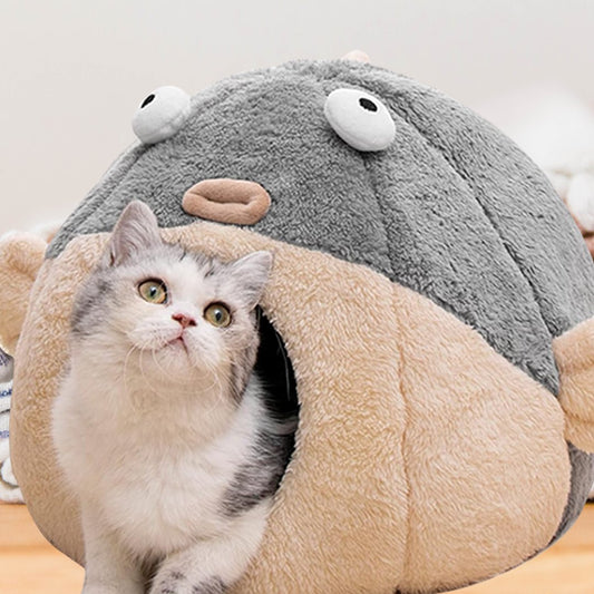 Cat Bed Cave with Washable Pillow, Pufferfish Design - Furry Family Faves