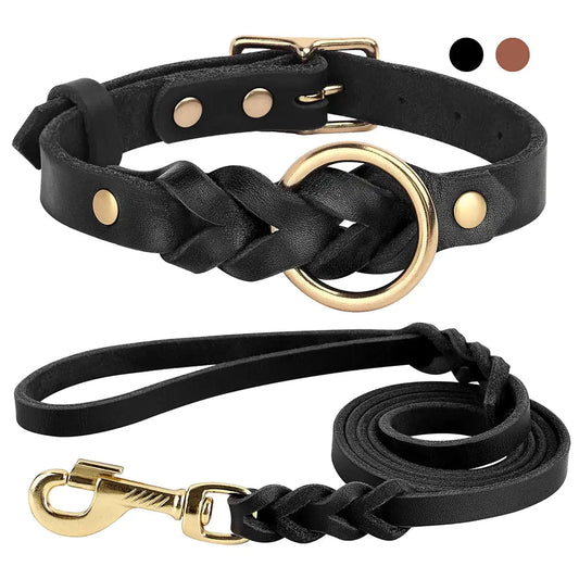 Premium Soft Leather Dog Collar and Leash Set for Stylish Canine Comfort - Furry Family Faves