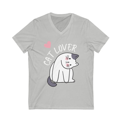 Unisex Jersey Short Sleeve V-Neck Tee - White Letter Cat Lover - Furry Family Faves