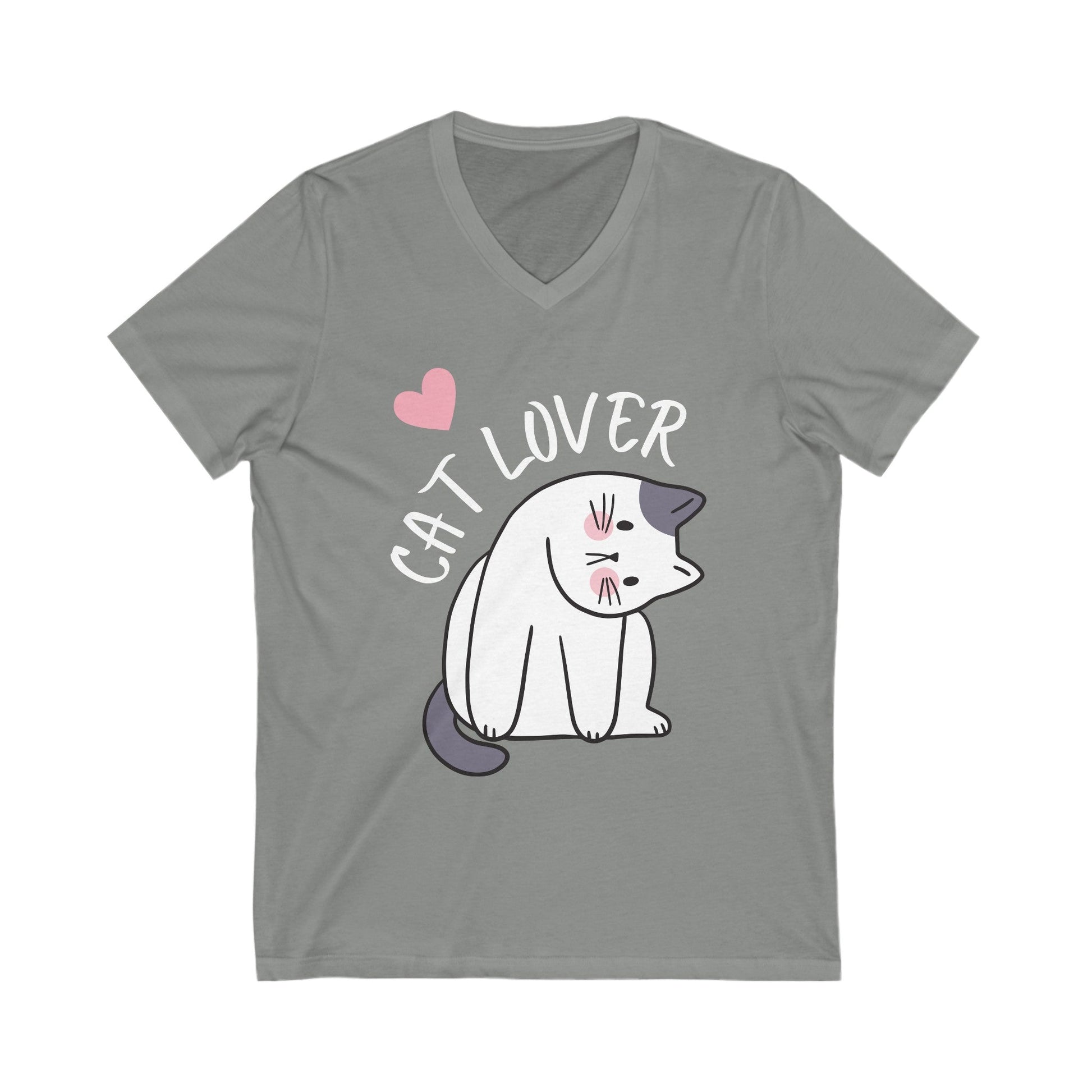 Unisex Jersey Short Sleeve V-Neck Tee - White Letter Cat Lover - Furry Family Faves