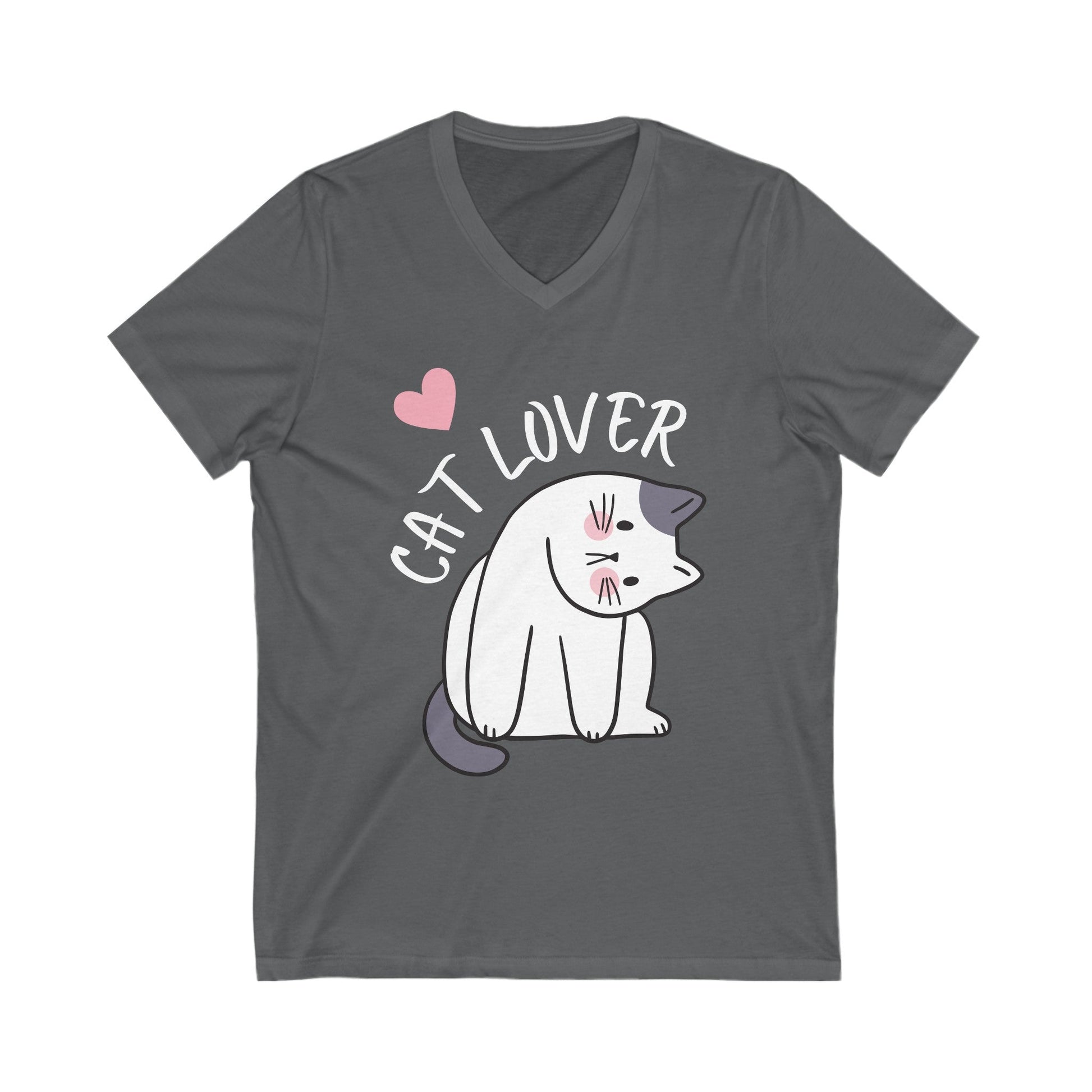 Unisex Jersey Short Sleeve V-Neck Tee - White Letter Cat Lover - Furry Family Faves