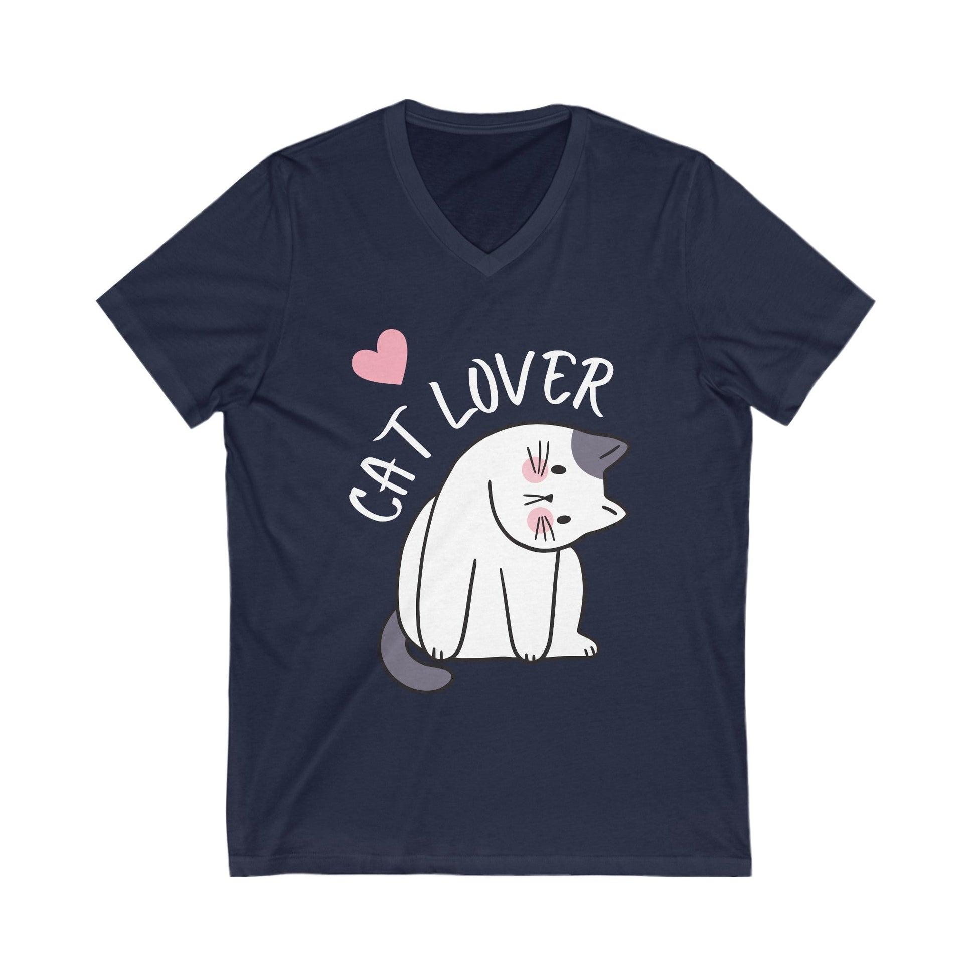 Unisex Jersey Short Sleeve V-Neck Tee - White Letter Cat Lover - Furry Family Faves