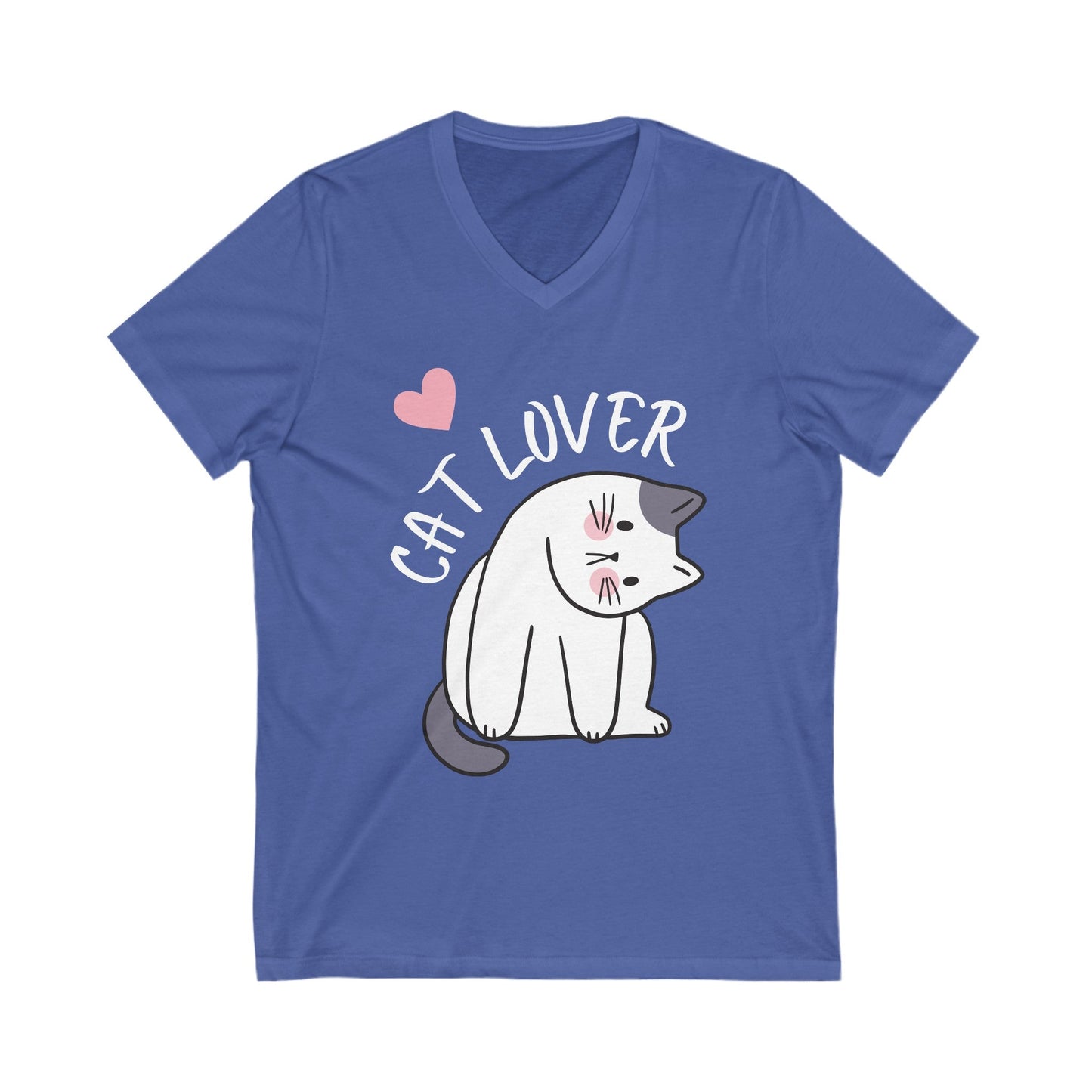 Unisex Jersey Short Sleeve V-Neck Tee - White Letter Cat Lover - Furry Family Faves