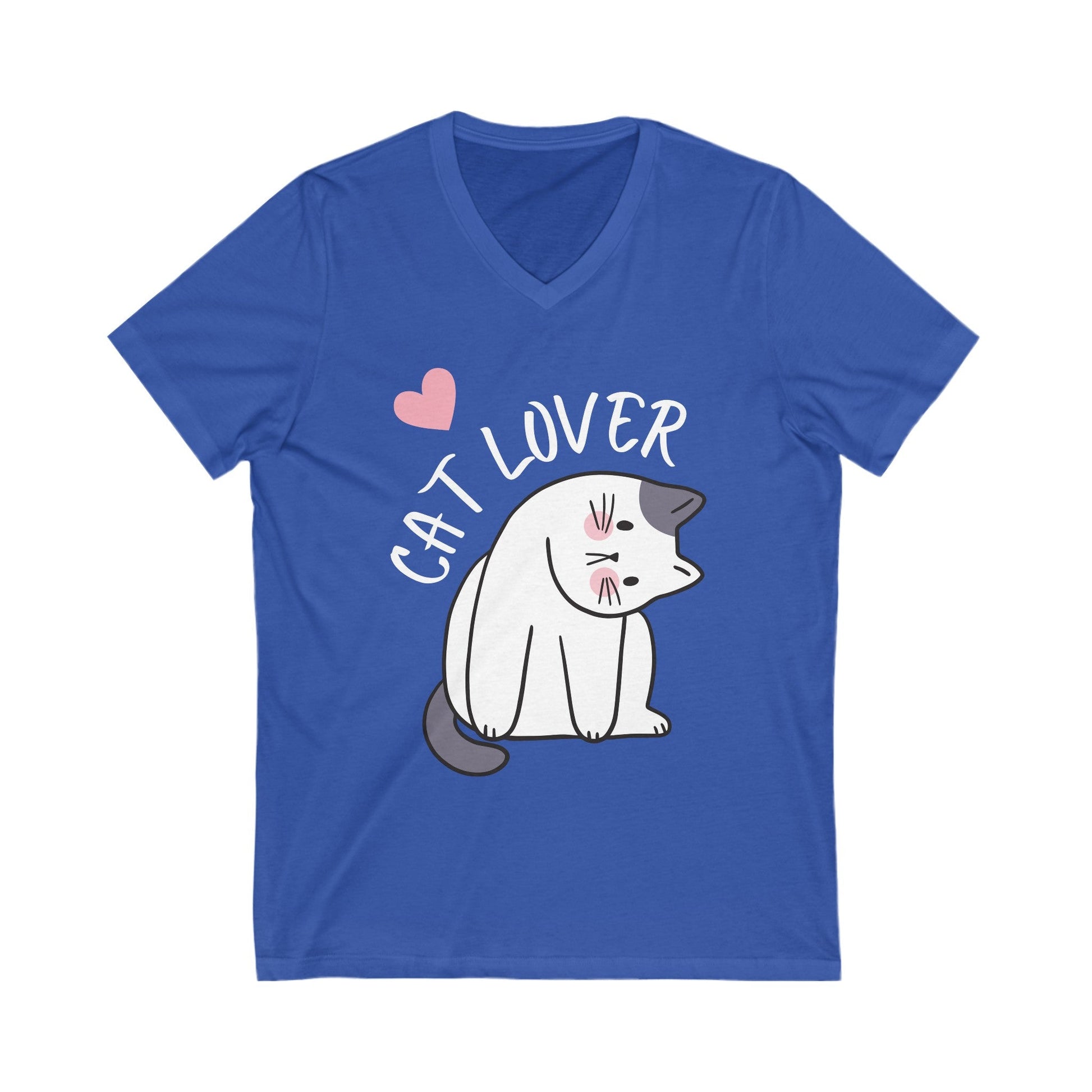 Unisex Jersey Short Sleeve V-Neck Tee - White Letter Cat Lover - Furry Family Faves