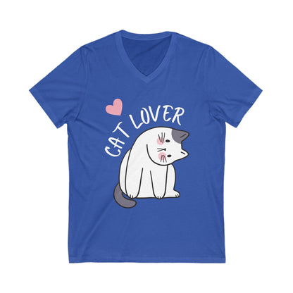 Unisex Jersey Short Sleeve V-Neck Tee - White Letter Cat Lover - Furry Family Faves