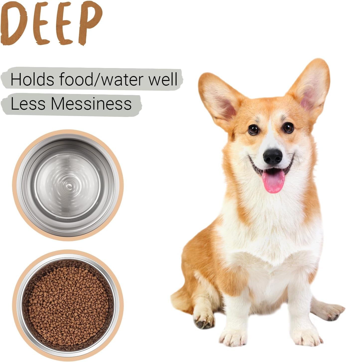 Deep Stainless Steel Anti-Slip Dog Bowls, 2 Pack, 3 Cups - Furry Family Faves