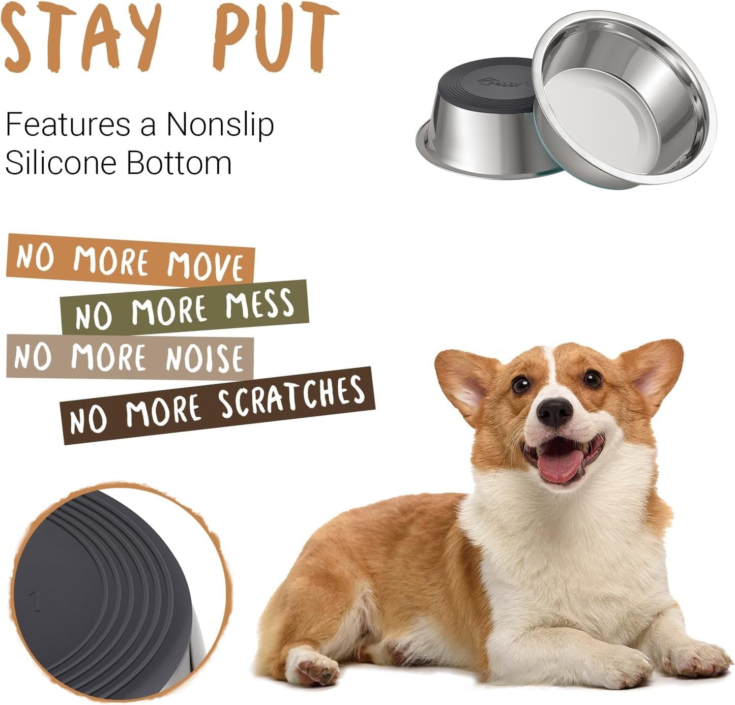 Deep Stainless Steel Anti-Slip Dog Bowls, 2 Pack, 3 Cups - Furry Family Faves